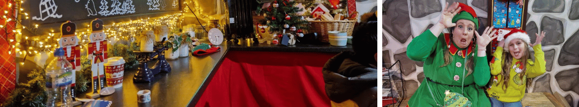 Photo of a table decorated for Christmas and a young girl with an event